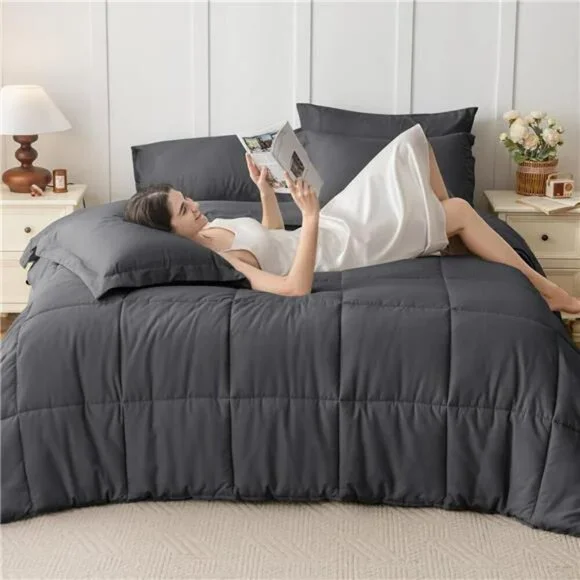 Queen Comforter Set 7 Piece Bed in a Bag Soft Down Alternative Dark Grey